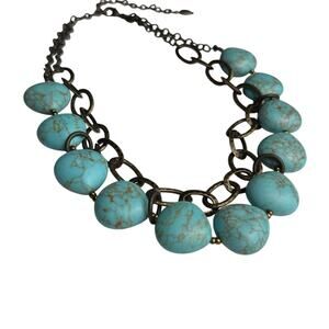Turquoise Beaded Statement Necklace Antique Brass Chain Women's Adjustable Boho